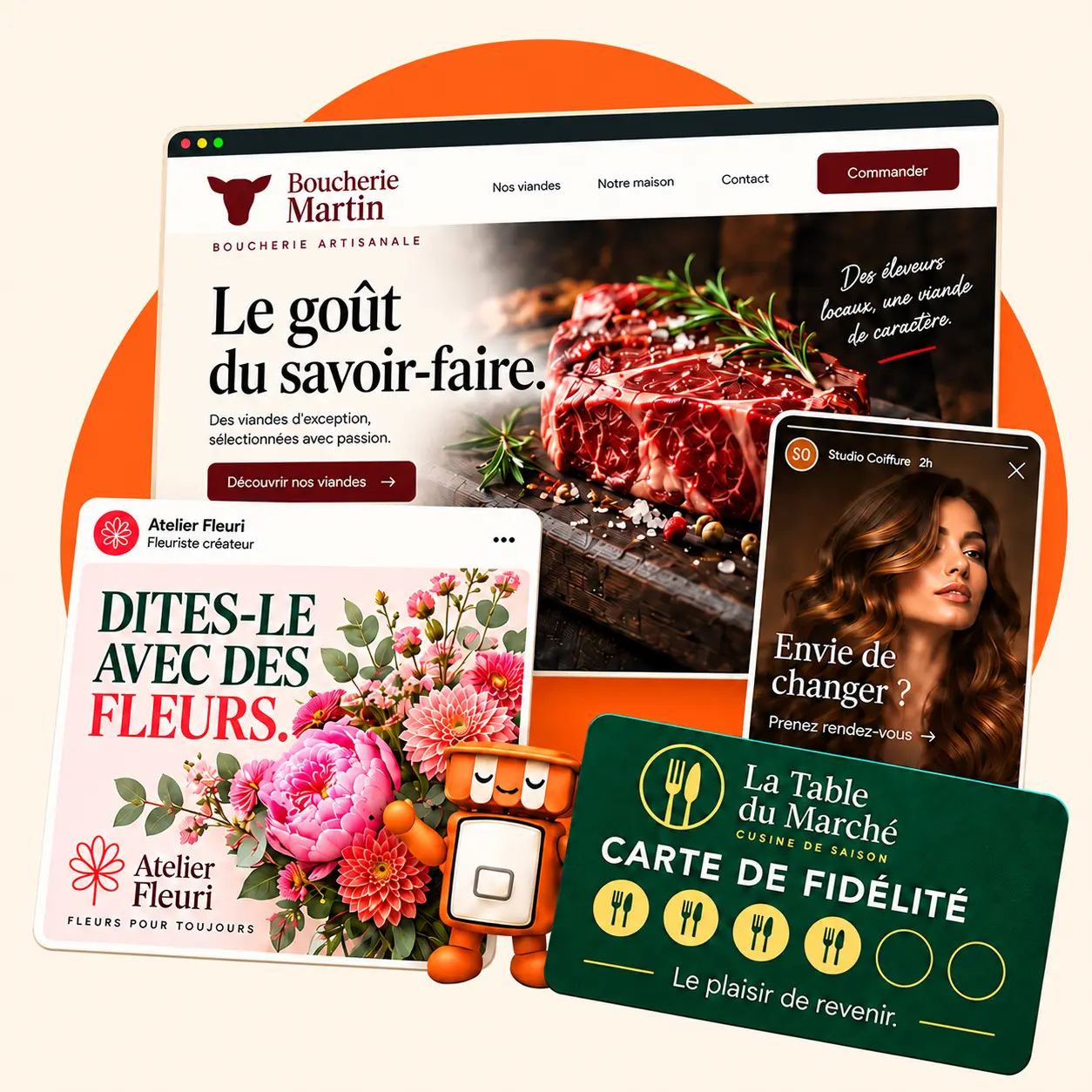 Exemples de créations Glorixo : site Boucherie Martin, post Atelier Fleuri, story Studio Coiffure et carte de fidélité du restaurant La Table du Marché, avec Rixo.