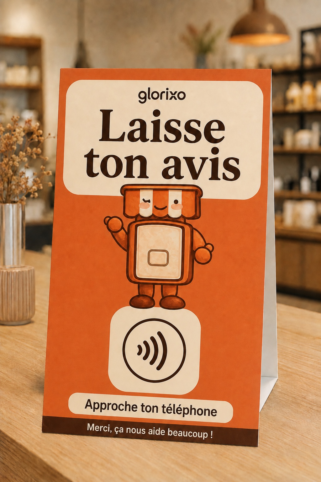 Chevalet Glorixo orange et crème sur un comptoir, avec la mascotte boutique et le message Laisse ton avis