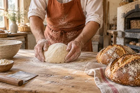 Mains d’un boulanger façonnant une boule de pâte sur un plan de travail fariné