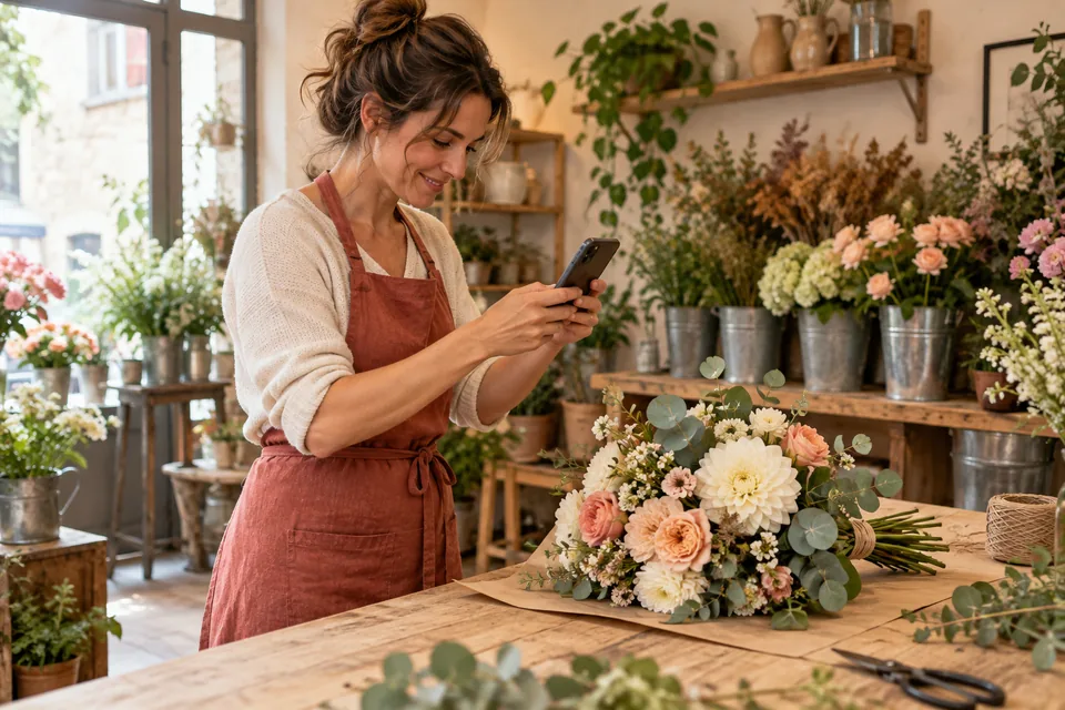 Fleuriste souriante photographiant son bouquet dans sa boutique